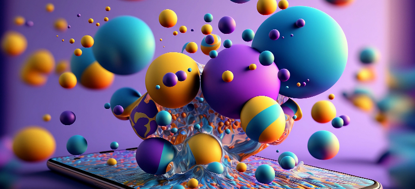 Abstract 3D spheres and bubbles in vibrant colors emerging from a flat surface.