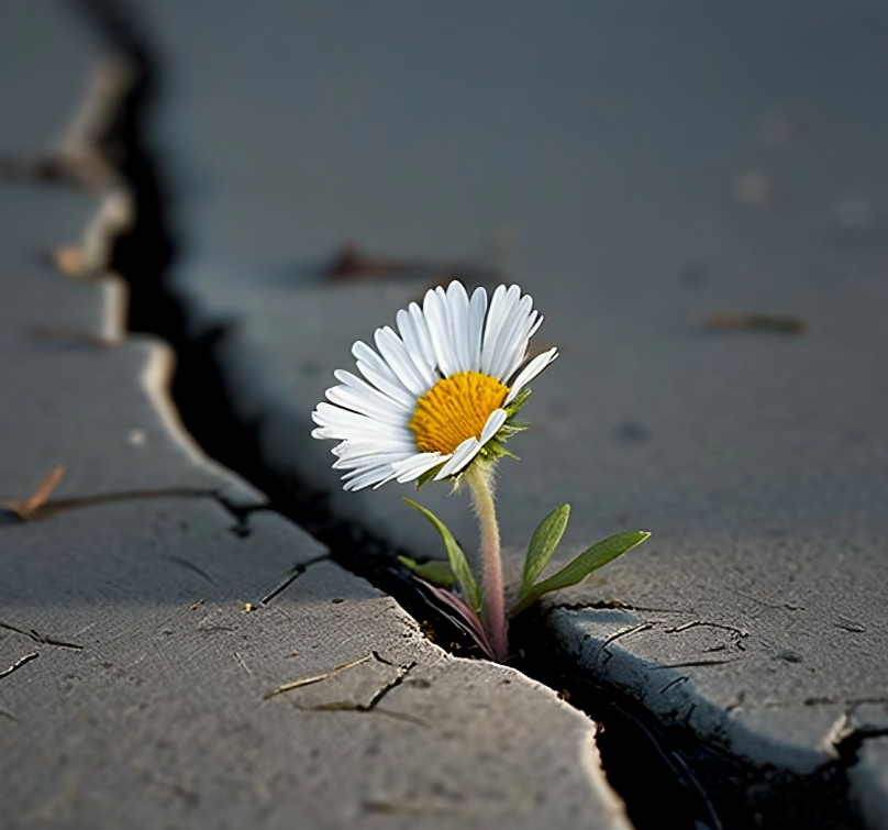 A daisy growing through a crack in the pavement, symbolizing resilience and perseverance - Inrate ESG Active Ownership