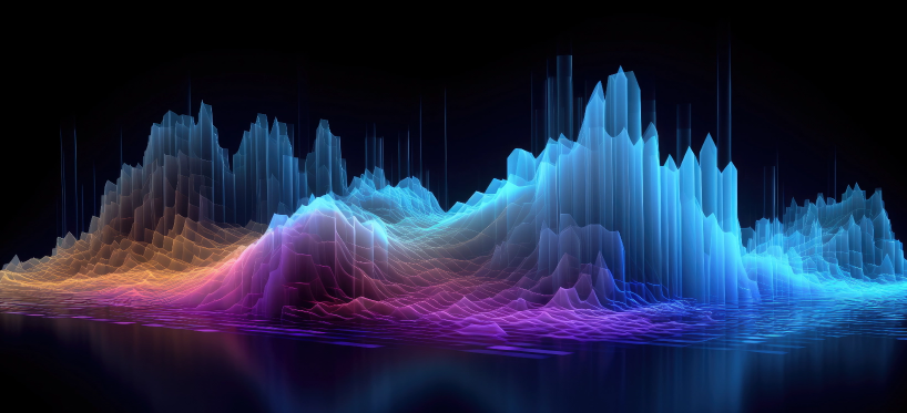 Colorful, abstract 3D graph with peaks and valleys, representing data visualization on a black background.