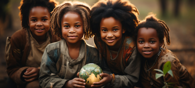Four smiling children holding a globe, symbolizing the impact of ESG active ownership and engagement services