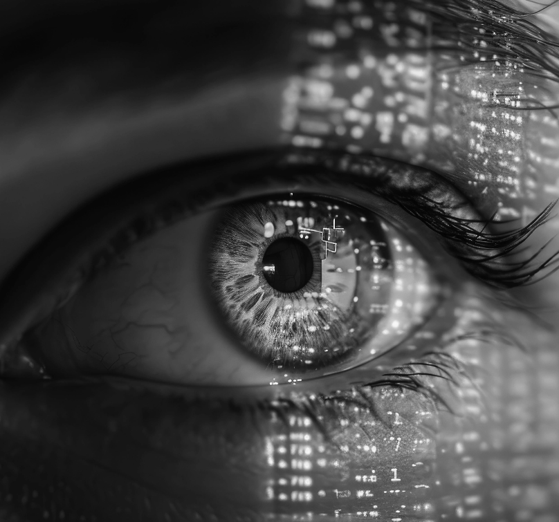 Close-up image of a human eye with digital data reflections, representing ESG Screening Solutions