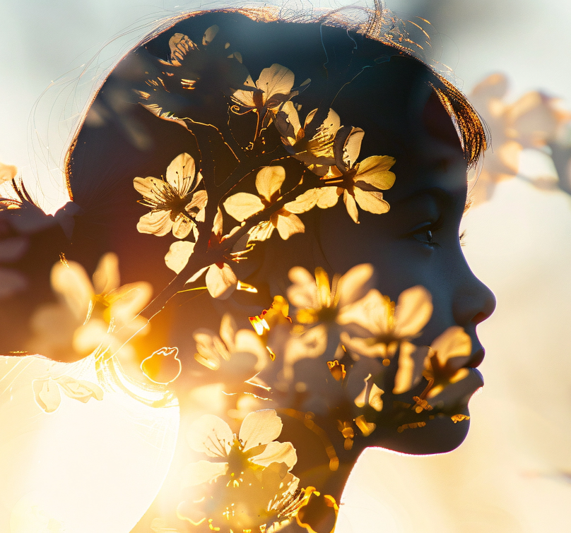 Silhouette of a child's profile with blooming flowers overlaid, creating a double exposure effect with warm sunlight, symbolizing natural ESG impact.