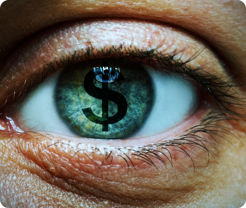 Close-up of an eye with a dollar sign reflected in the iris, symbolizing anti-corruption