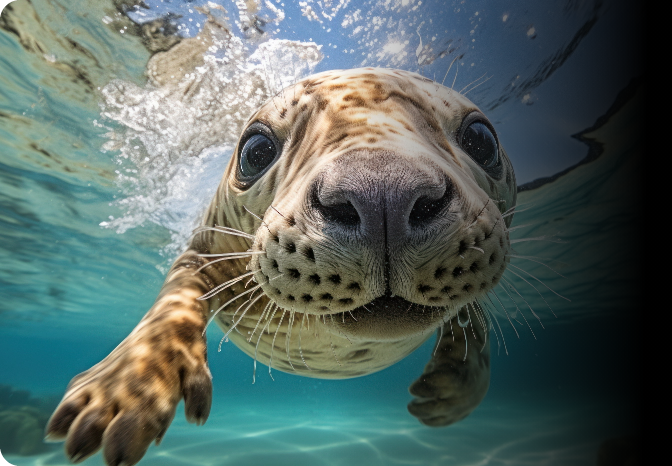 Close-up of a seal swimming underwater.