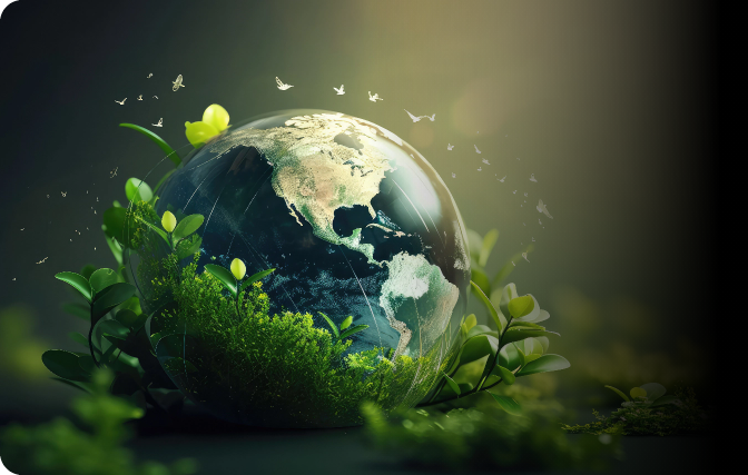 A small globe of Earth is surrounded by plants and birds, symbolizing environmental harmony.