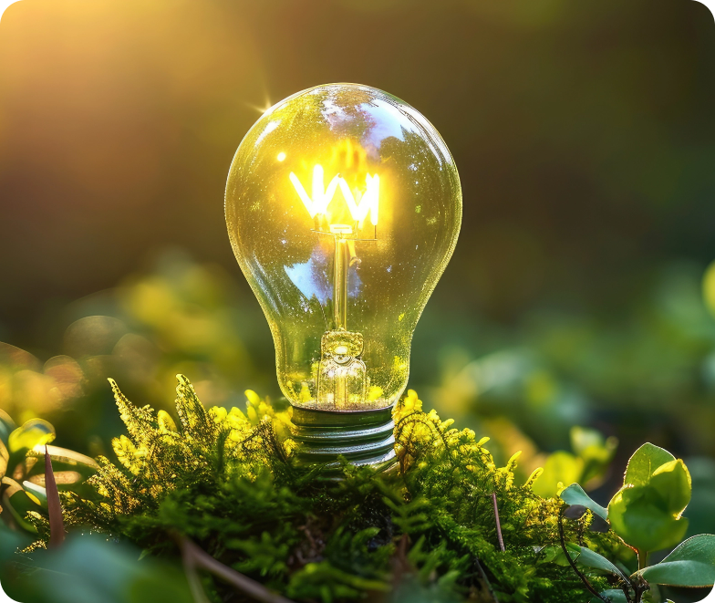 Light bulb glowing in a green environment