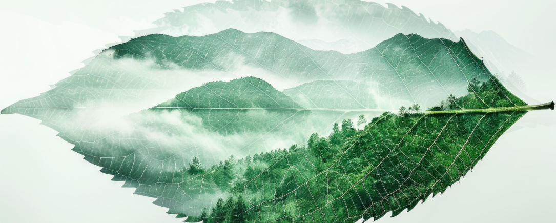 A leaf with a superimposed image of mountains and mist, blending nature and landscape art.