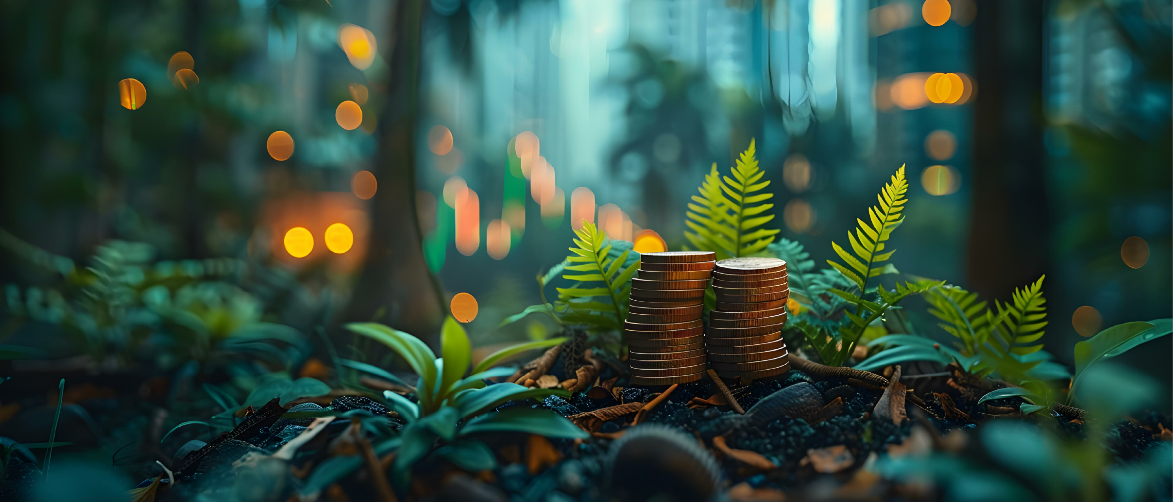 Coins stacked among green plants.